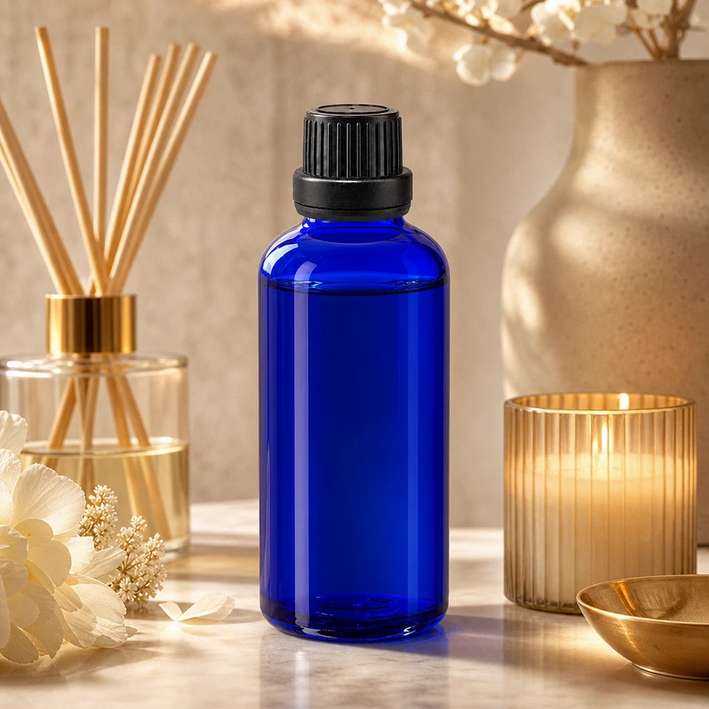 Flacon de pharmacie bleu cobalt de 50 ml avec un bouchon OV noir, à côté d'un bougeoir doré et d'un diffuseur