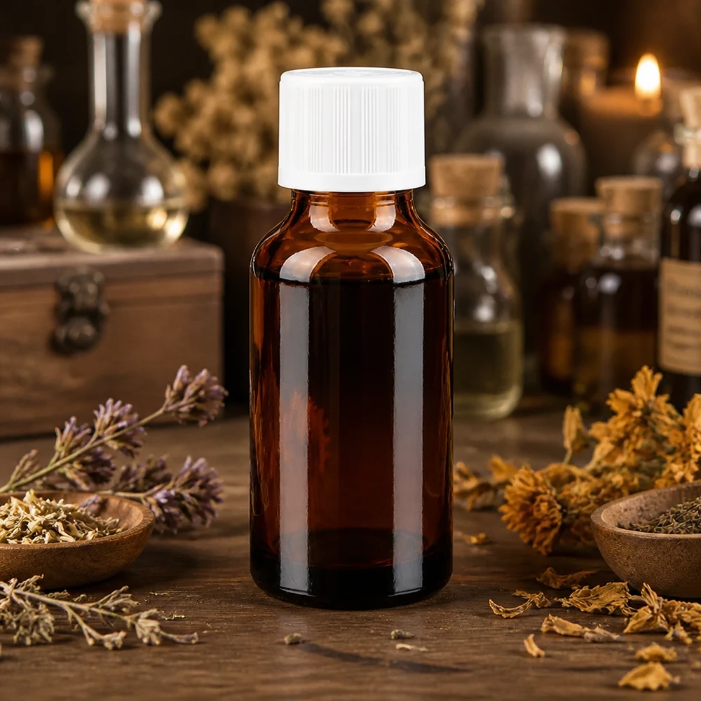 Flacon compte-gouttes de pharmacie de 20 ml en verre brun anti-UV, muni d'un bouchon blanc à sécurité enfants