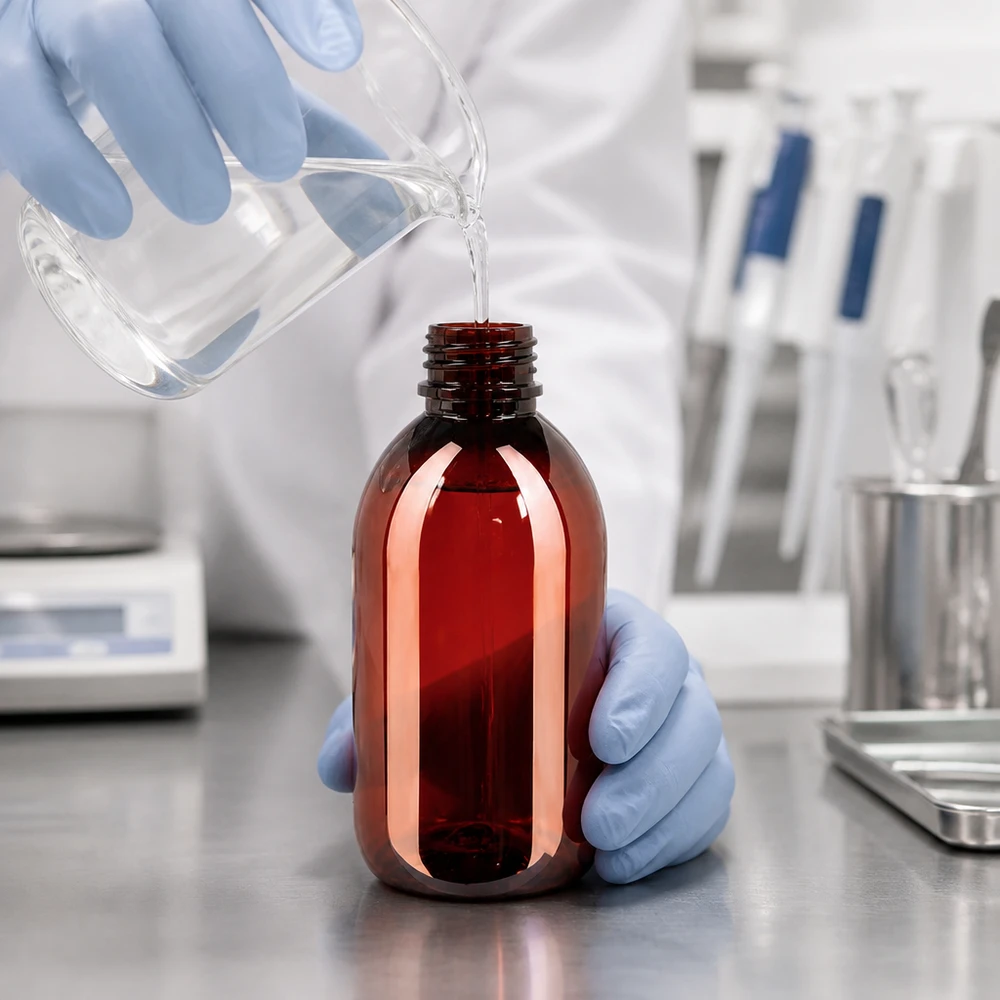 Bouteille PET 250ml avec bouchon marron,bouchon d'inviolabilité Braune PET Flasche 250ml mit Gewinde und Originalitätsverschluss beim professionellen Abfüllvorgang