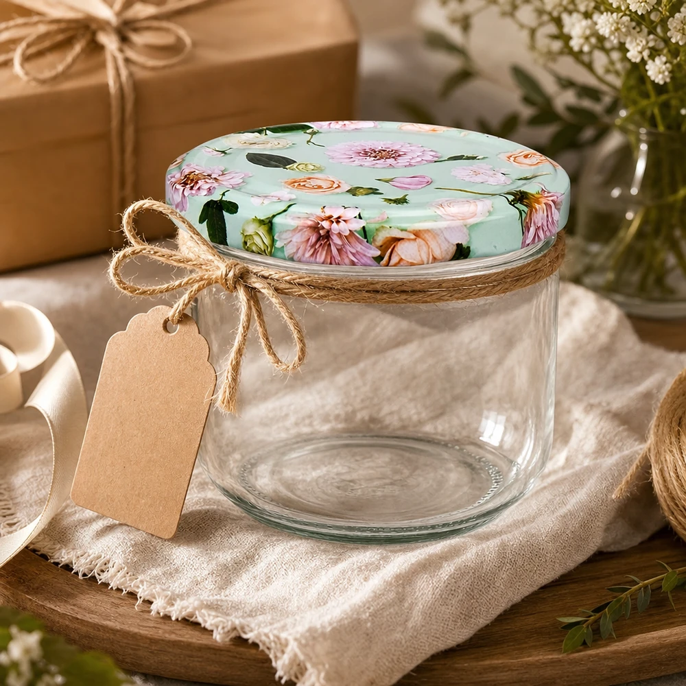 Verre à pied décoré de 260 ml avec couvercle à fleurs BasicSeal menthe, cordon de jute, étiquette cadeau sur toile de lin