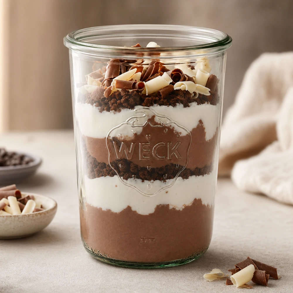 850ml bocal conique WECK RR100 850ml WECK Pot renversé RR100 rempli d'un dessert stratifié à base de mousse au chocolat, de crème et de miettes de biscuits