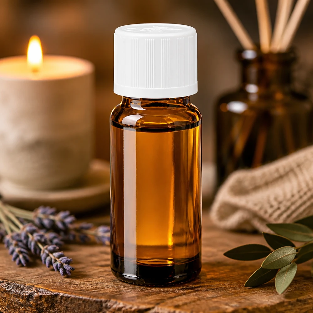Flacon de pharmacie brun 10ml bouchon vissable blanc sécurité enfant Flacon en verre brun anti-UV de 10 ml avec bouchon blanc, à côté d'un bouquet de lavande et d'une bougie