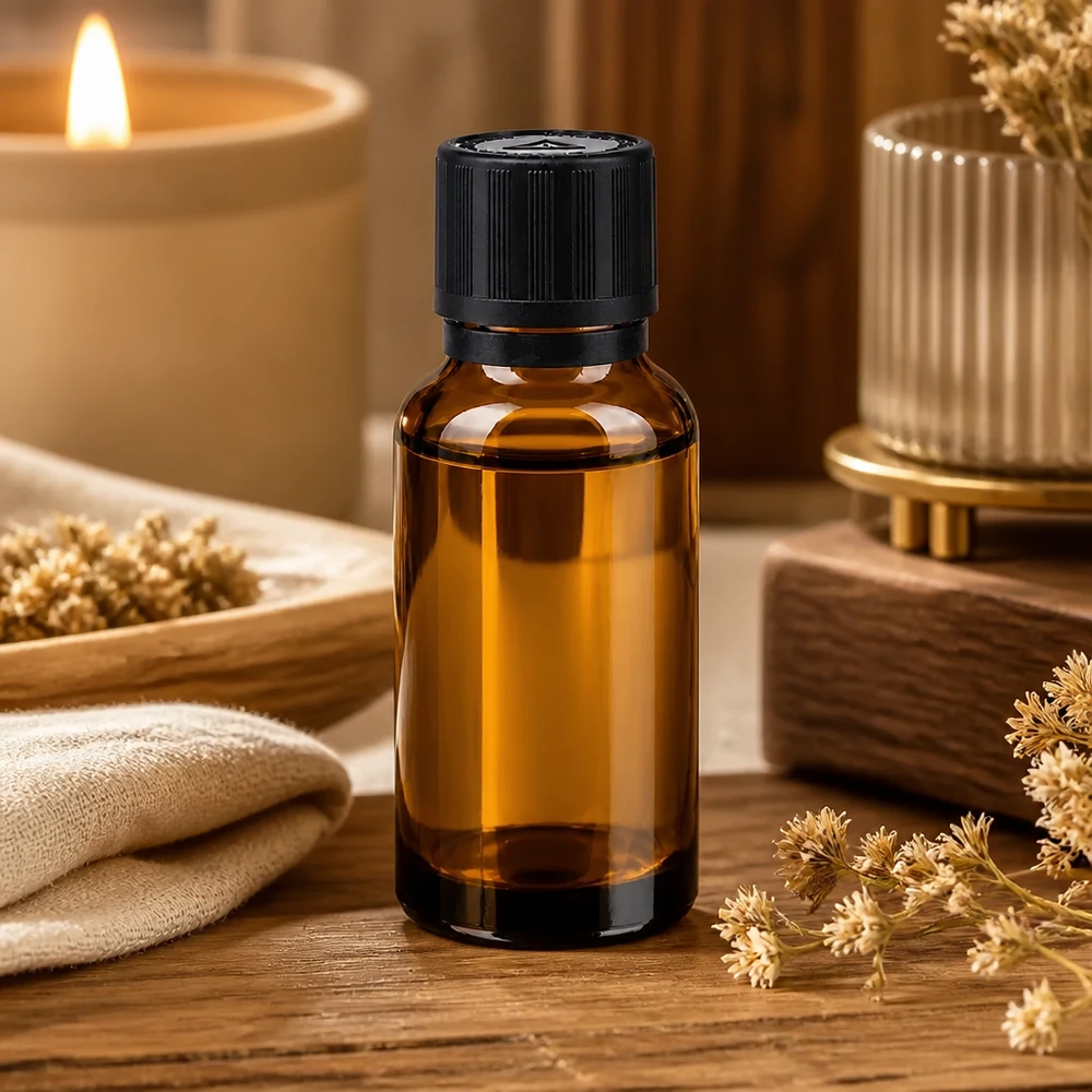Flacon en verre de 20 ml couleur ambre avec blister OV KiSi noir, à côté d'une bougie et de fleurs séchées