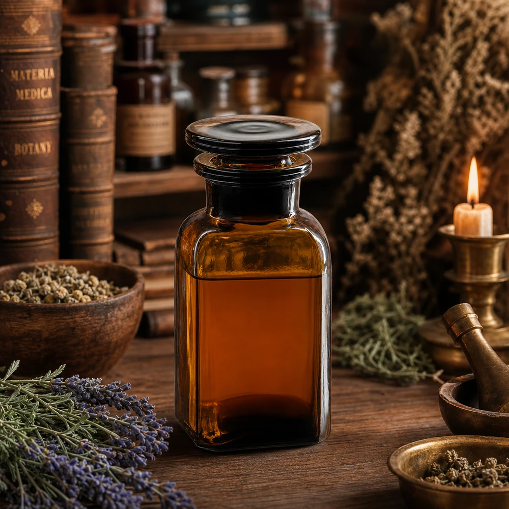 Flacon carré col large 100 ml + bouchon RIN, verre ambré Flacon à col large de 100 ml, de forme carrée, avec bouchon en verre brun, idéal pour les infusions d'herbes et les essences