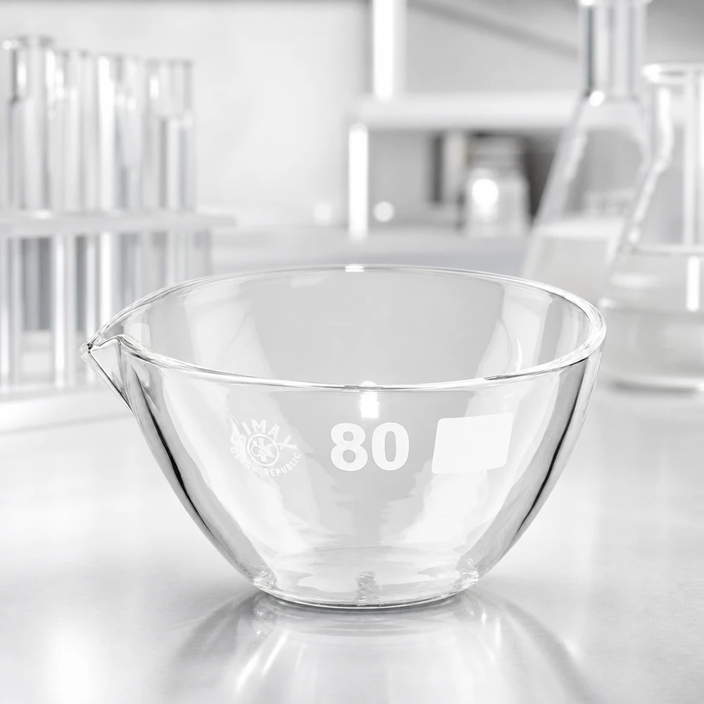 Capsule d’évaporation 90 ml en verre borosilicate, avec bec verseur Bol ergonomique avec bec verseur en verre borosilicaté de 90 ml pour une manipulation confortable en laboratoire