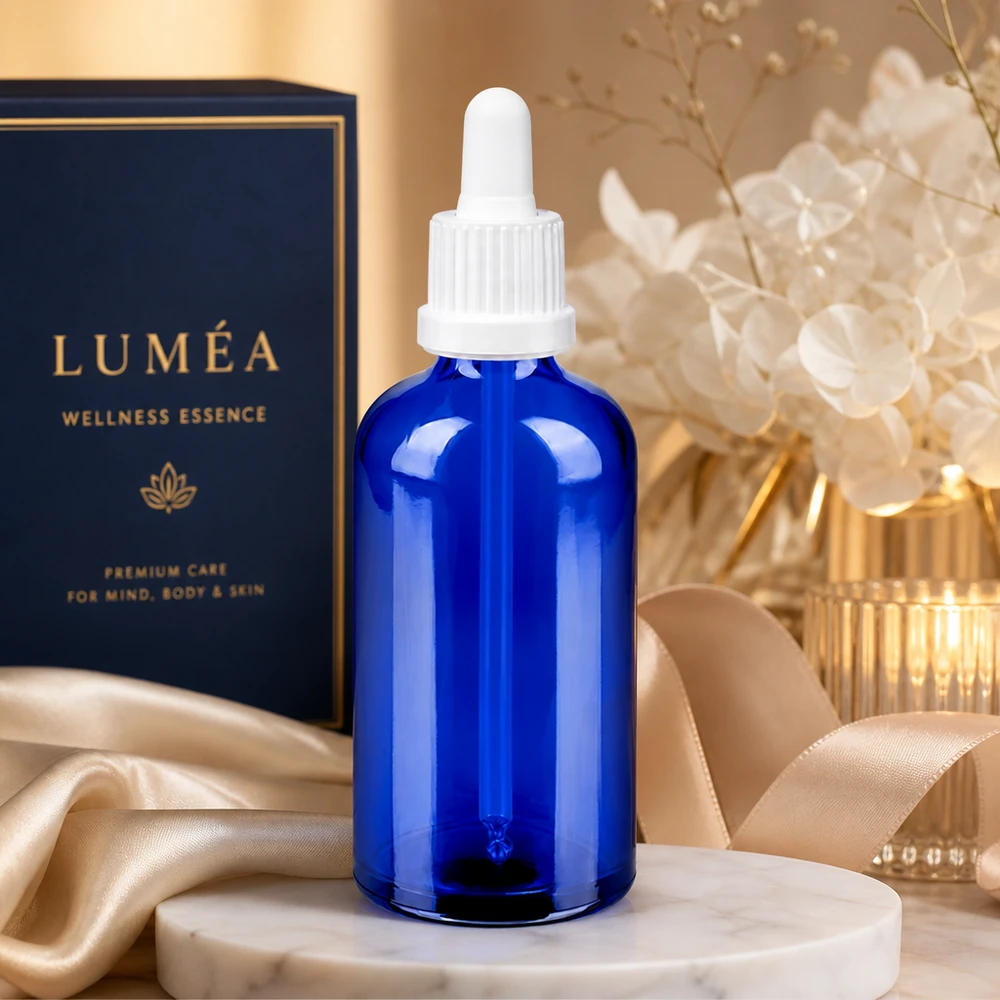 Flacon à pipette 100ml blanc OV BlueLine UT18/100 Flacon pipette Premium 100ml en verre bleu anti-UV avec bouchon doseur blanc précis