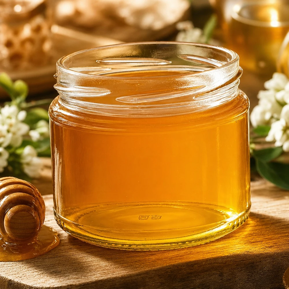 330ml Verre rond sans couvercle (TO82) UNiTWIST UNiTWIST Runda330 Verre rond rempli de miel doré à côté d'une cuillère à miel et de fleurs blanches sur une table en bois