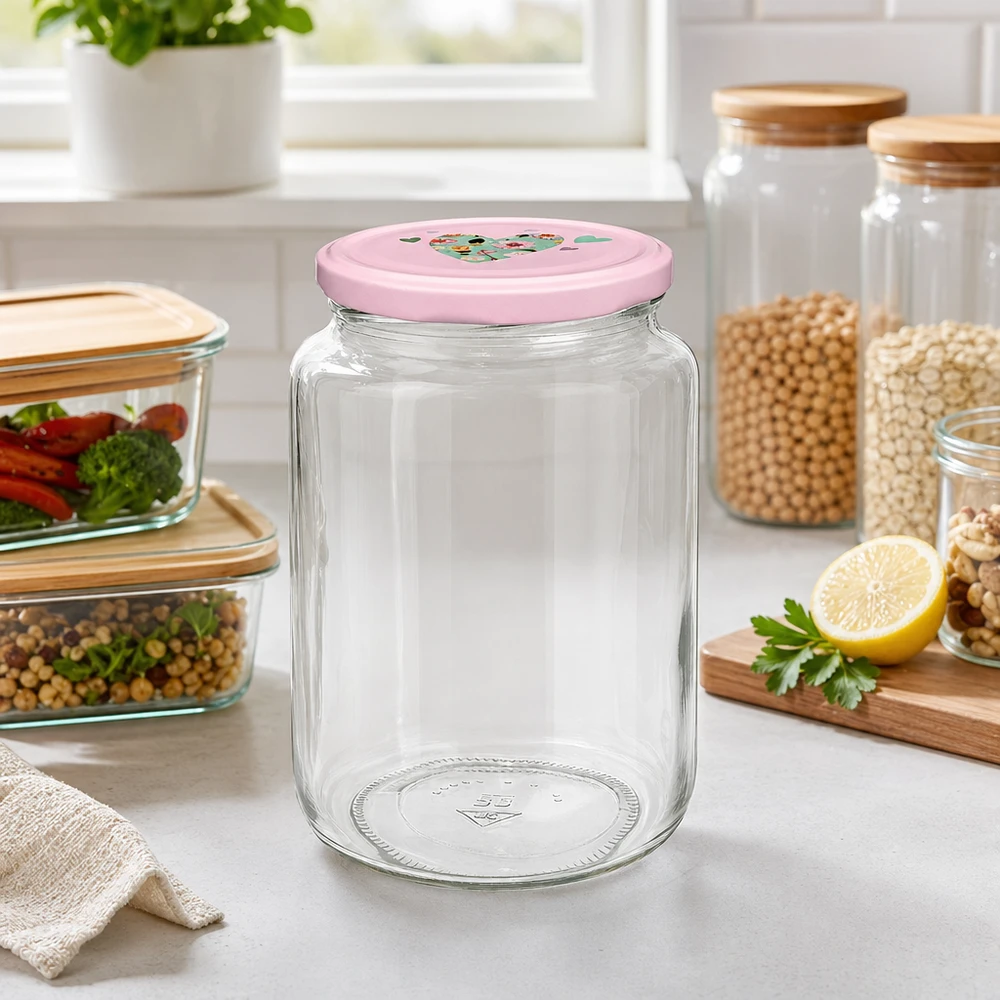 Pot rond 795 ml + couvercle BasicSeal rose cur UNiTWIST Vorratsglas 795ml in Küche mit rosa Herzdeckel für Lebensmittelaufbewahrung neben anderen Glasbehältern