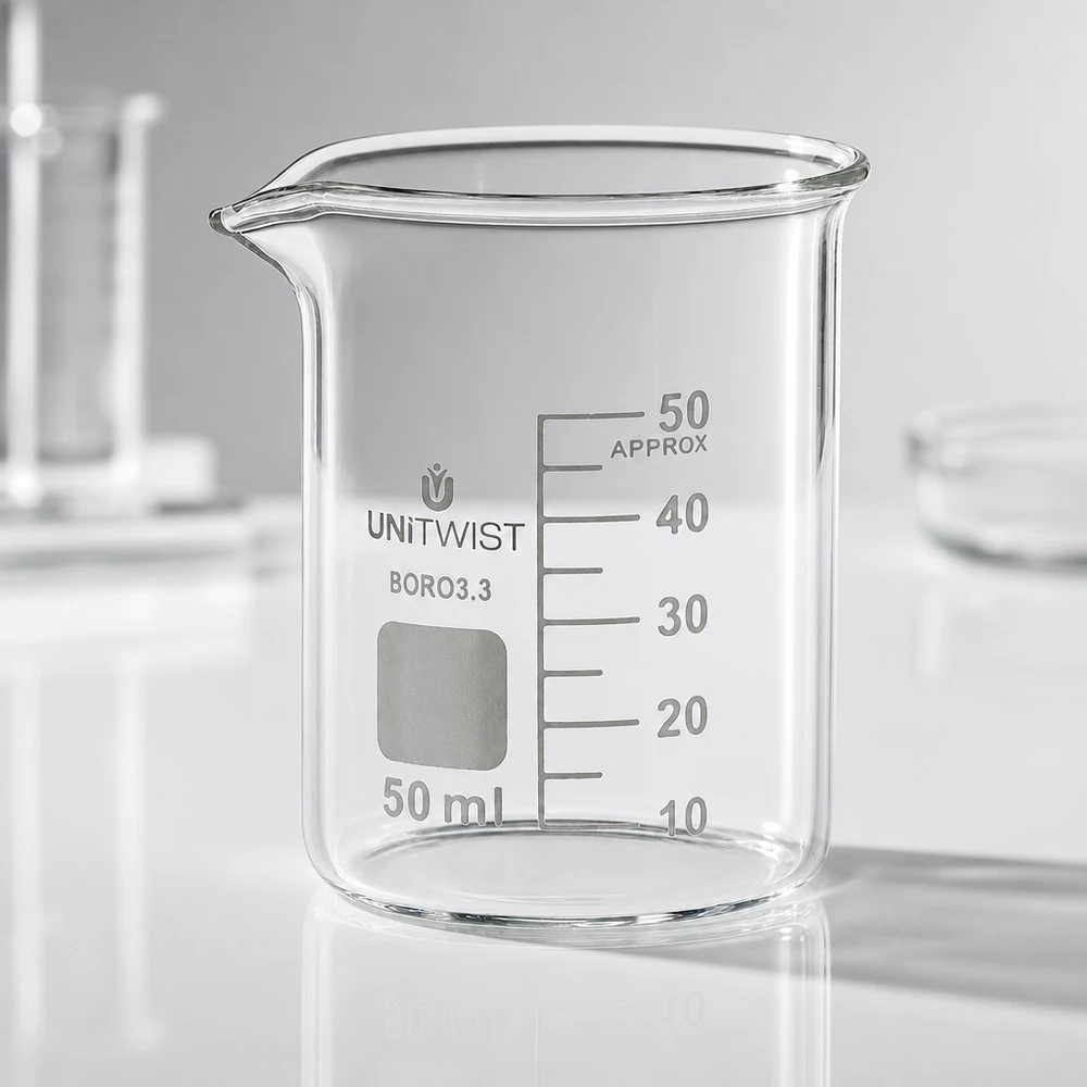 Bécher 50ml borosilicate, forme basse UNiTWIST Verre à bec de 50 ml, forme basse avec bec verseur, prise en main sûre, en verre borosilicaté résistant à la chaleur UNiTWIST