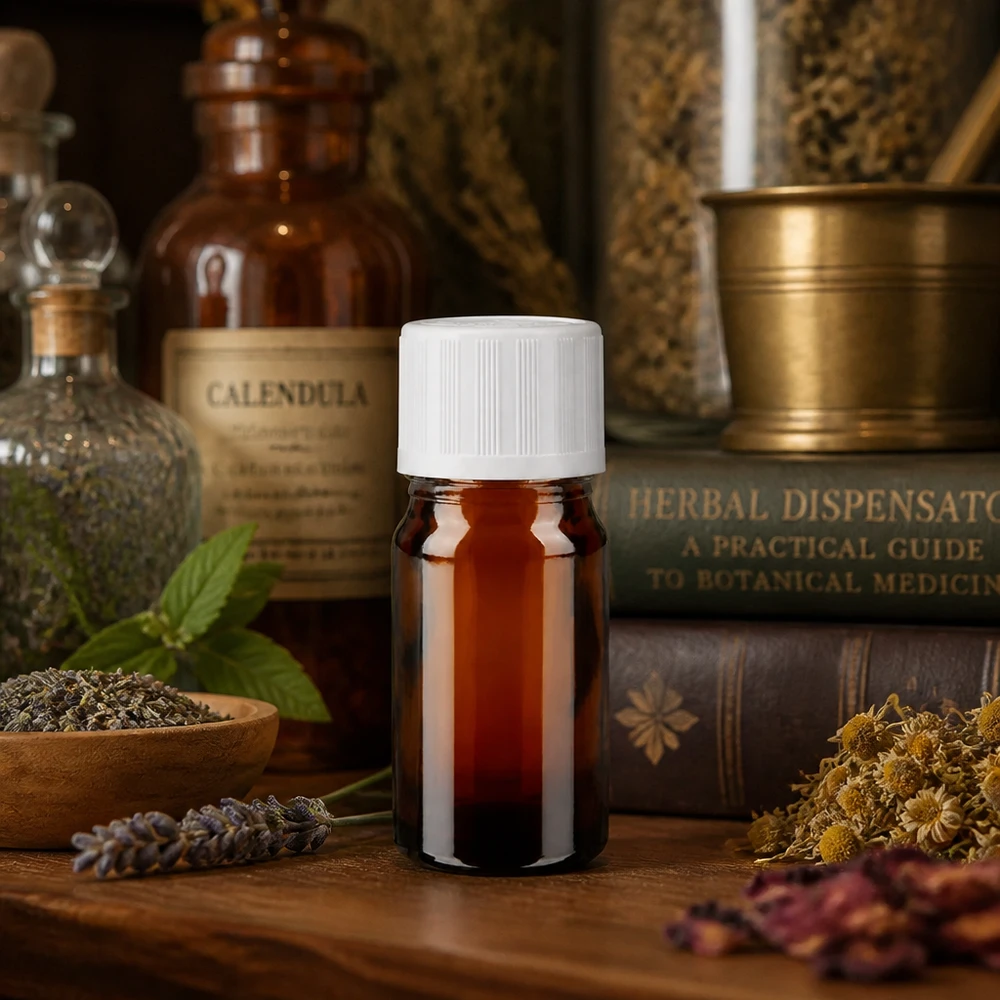 Petit flacon ApoGlas brun de 5 ml muni d'un bouchon de sécurité blanc pour enfants, à côté d'une teinture de calendula et d'un mortier