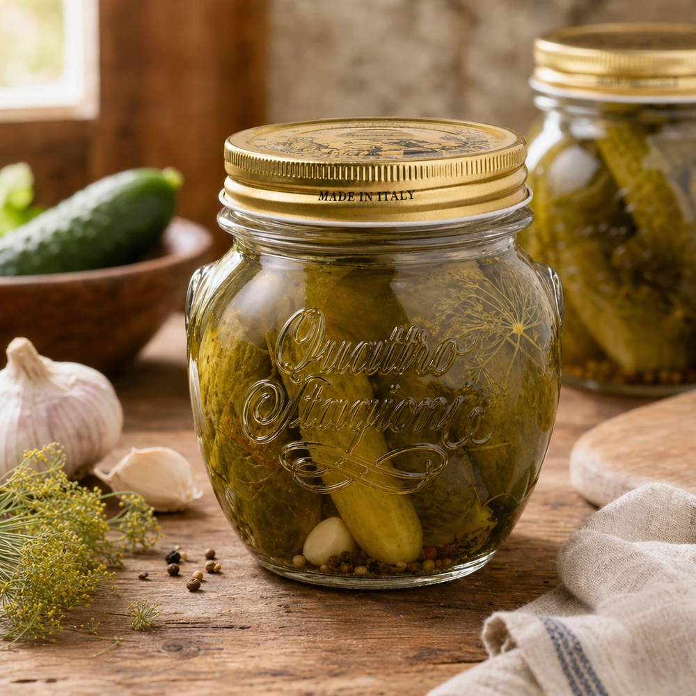 Verre rond 300ml « Quattro Stagioni » avec couvercle 300ml Quattro Stagioni Verre rond avec couvercle doré rempli de cornichons marinés sur table rustique en bois Made in Ital