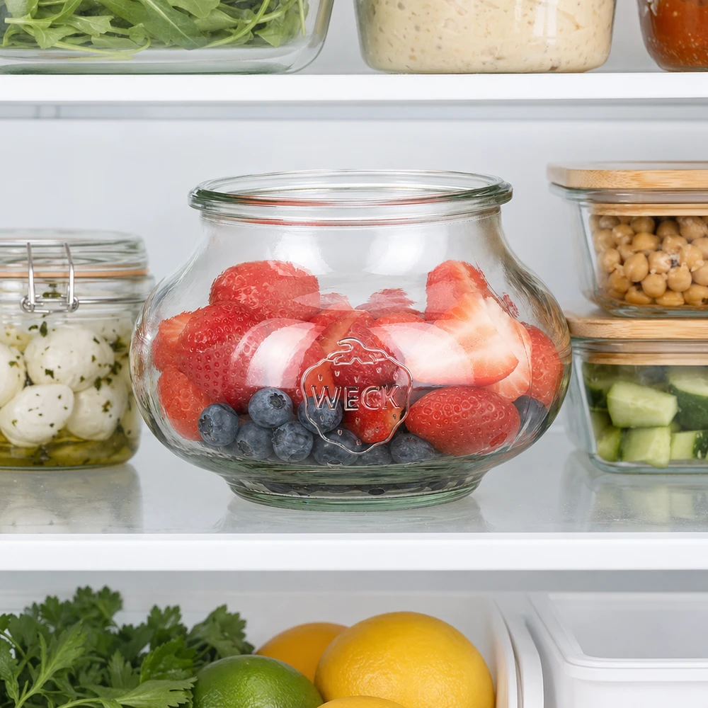 Bocal décoratif WECK RR80 de 560 ml WECK Pot à bijoux 560ml RR80 au réfrigérateur rempli de fraises et de myrtilles fraîches à côté des boîtes à provisions