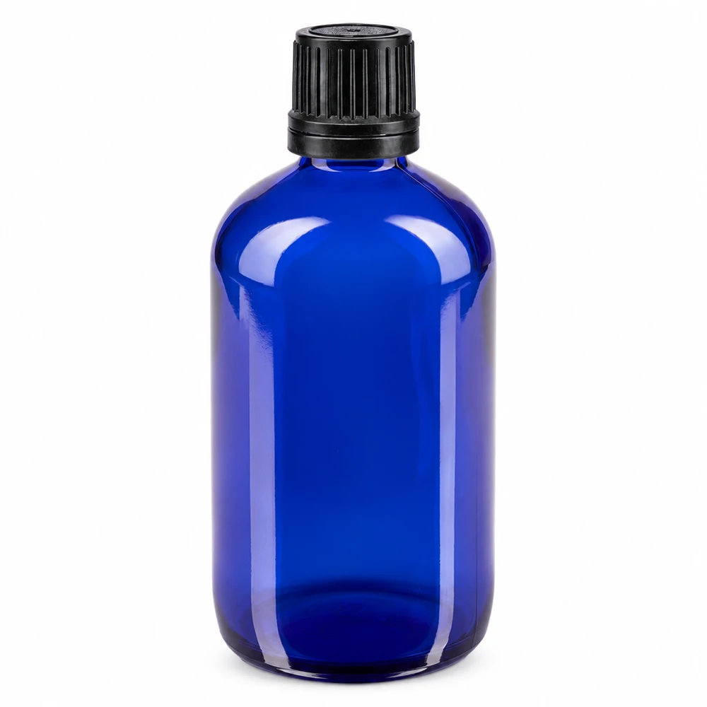 Bouteille de pharmacie bleue 100ml bouchon vissable bague de coulée noire bouchon inviolabilité Flacon de médicaments bleu cobalt de 100 ml, à épaules arrondies, avec bouchon à vis à sécurité enfant