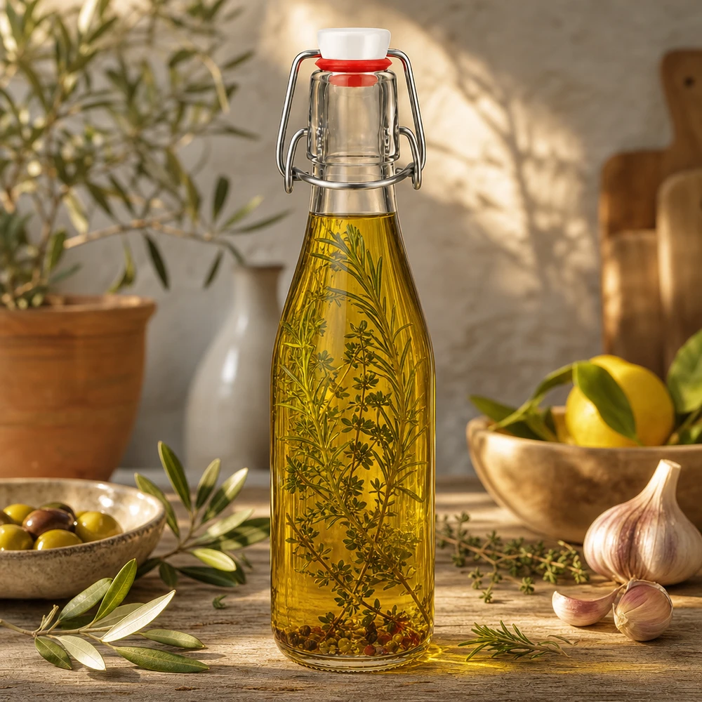 Bouteille en verre de 250 ml + bouchon mécanique PVC UNiTWIST Bouteille en verre de 250 ml avec bouchon à étrier remplie d'huile aux herbes, ambiance méditerranéenne avec olives et ail