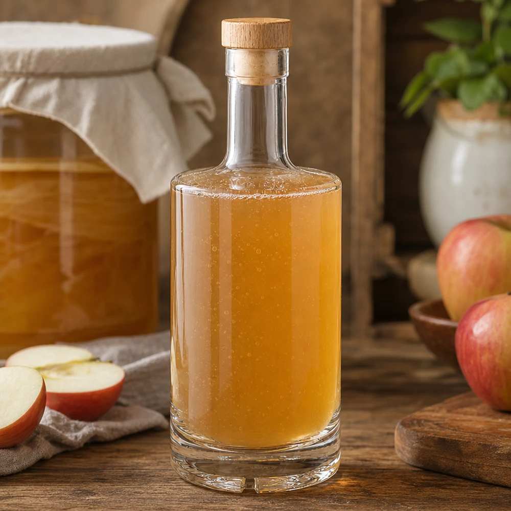 Bouteille en verre 500 ml « Nora » avec bouchon en bois UNiTWIST® Bouteille en verre Nora de 500 ml remplie de jus de pomme dans une cuisine rustique avec des pommes et un bouchon en bois UNiTWIST