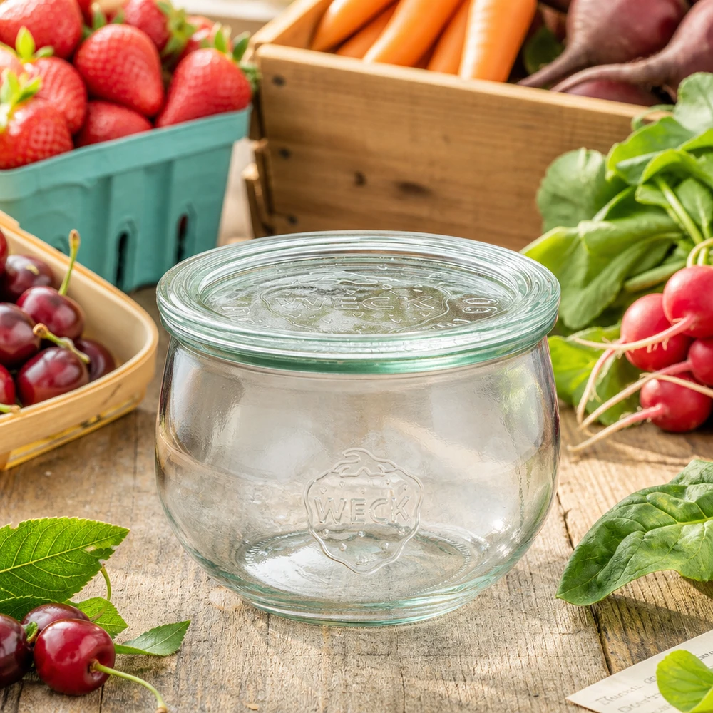 WECK Pot tulipe 580ml RR100 avec couvercle en verre entre des fruits et légumes frais disposés sur une table rustique en bois