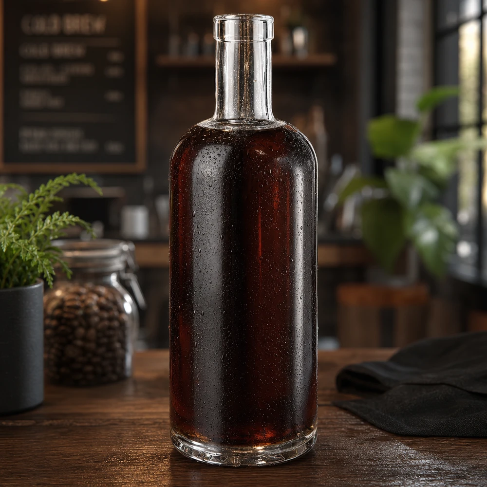 Bouteille en verre Emma de 750 ml remplie de whisky foncé dans une cuisine rustique avec des gouttes d'eau sur la surface