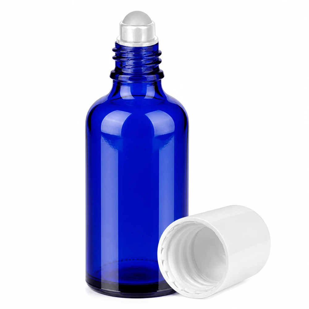 Flacon Roll-On 50ml blanc STD BlueLine UT18/50 Flacon roll-on compact de 50 ml d'un bleu élégant, idéal pour les déplacements et les voyages