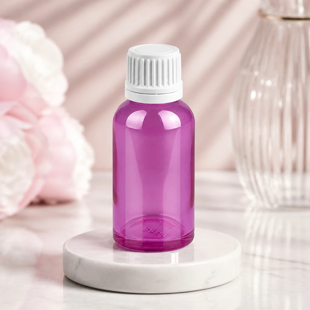 Bouteille 30ml bouchon à vis 11mm blanc Originalité Bouchon à vis PurpleLine UT18/30 Elégant flacon violet de 30 ml avec un bouchon à vis blanc pratique pour un usage domestique