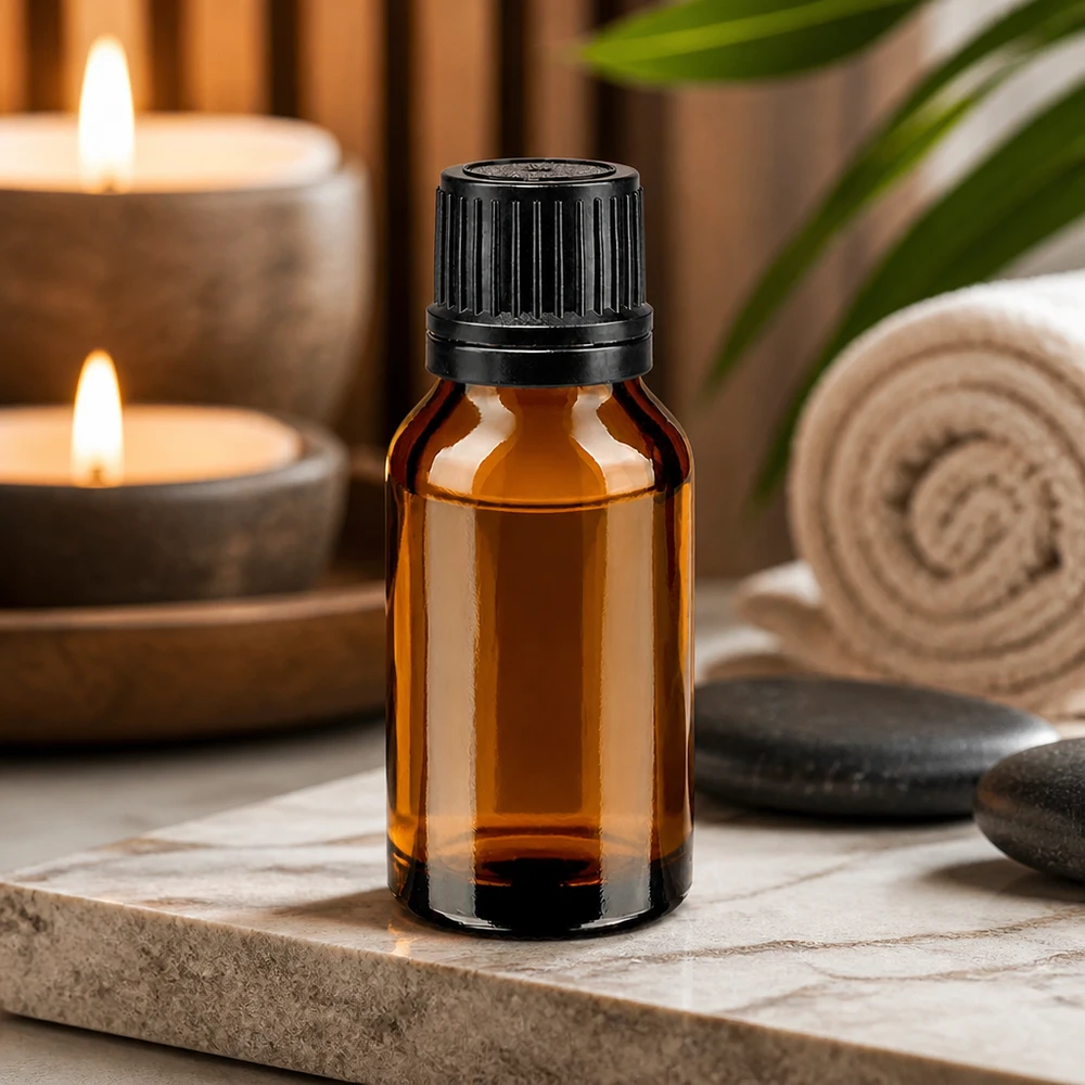 Bouteille de pharmacie brune 15ml bouchon vissable noir bouchon inviolabilité Flacon d'aromathérapie brun de 15 ml avec anneau verseur, à côté de pierres de spa et de bougies