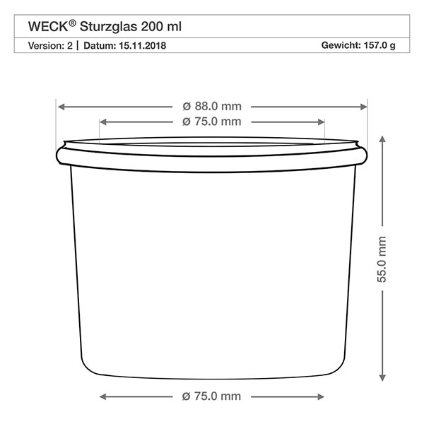 200ml bocal conique complet WECK RR80 Dessin technique WECK verre renversé 200ml RR80 avec dimensions 88mm diamètre, 55mm hauteur, poids 157g
