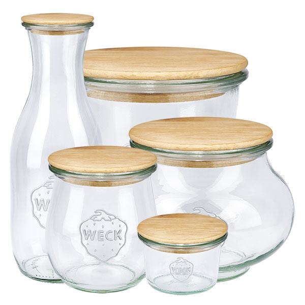 Couvercle en bois RR100 WECK WECK Bocaux de différentes tailles avec couvercles en bois assortis Version A RR100 Rangement Cuisine Boîtes à provisions Set