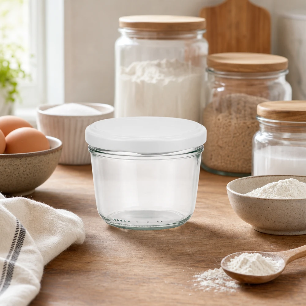 Pot de 230ml vide avec couvercle blanc BasicSeal dans la cuisine moderne entre les ingrédients de cuisson et les bocaux à provisions.