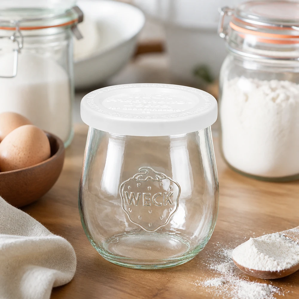 WECK Pot tulipe 220ml RR60 dans Boulangerie avec farine et oeufs - pot de conservation pour la pâtisserie et la cuisine