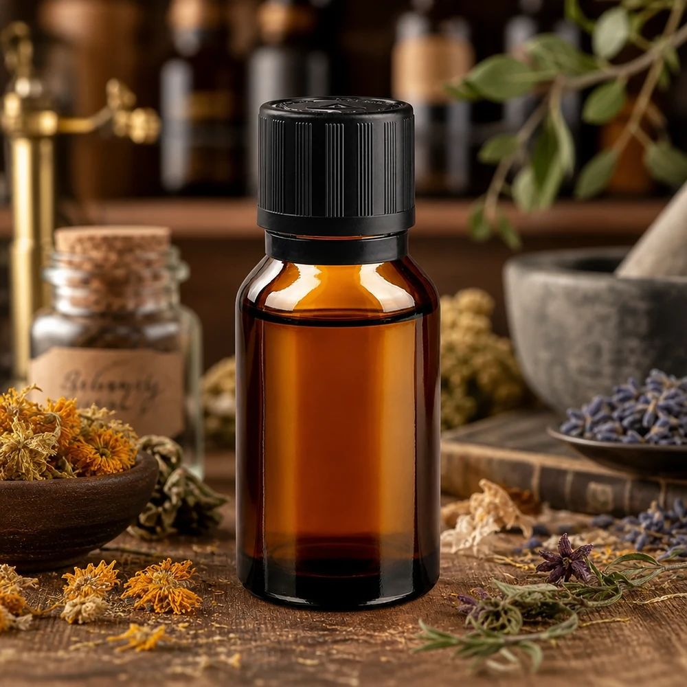 flacon à pharmacie brun 15ml bouchon inviolable 1mm noir sécurité enfant adapté aux aveugles bouchon inviolabilité Flacon en verre brun de 15 ml avec compte-gouttes de précision de 1 mm, devant un mortier et un pilon, dans un décor de pharmacie