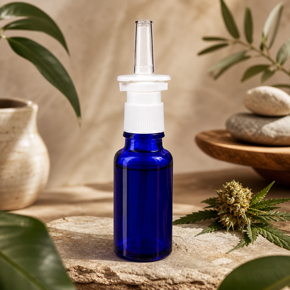 Flacon à pharmacie bleu 20ml vaporisateur nasal blanc standard Flacon de spray nasal de pharmacie de 20 ml, muni d'un embout pompe ergonomique et d'une buse d'application transparente
