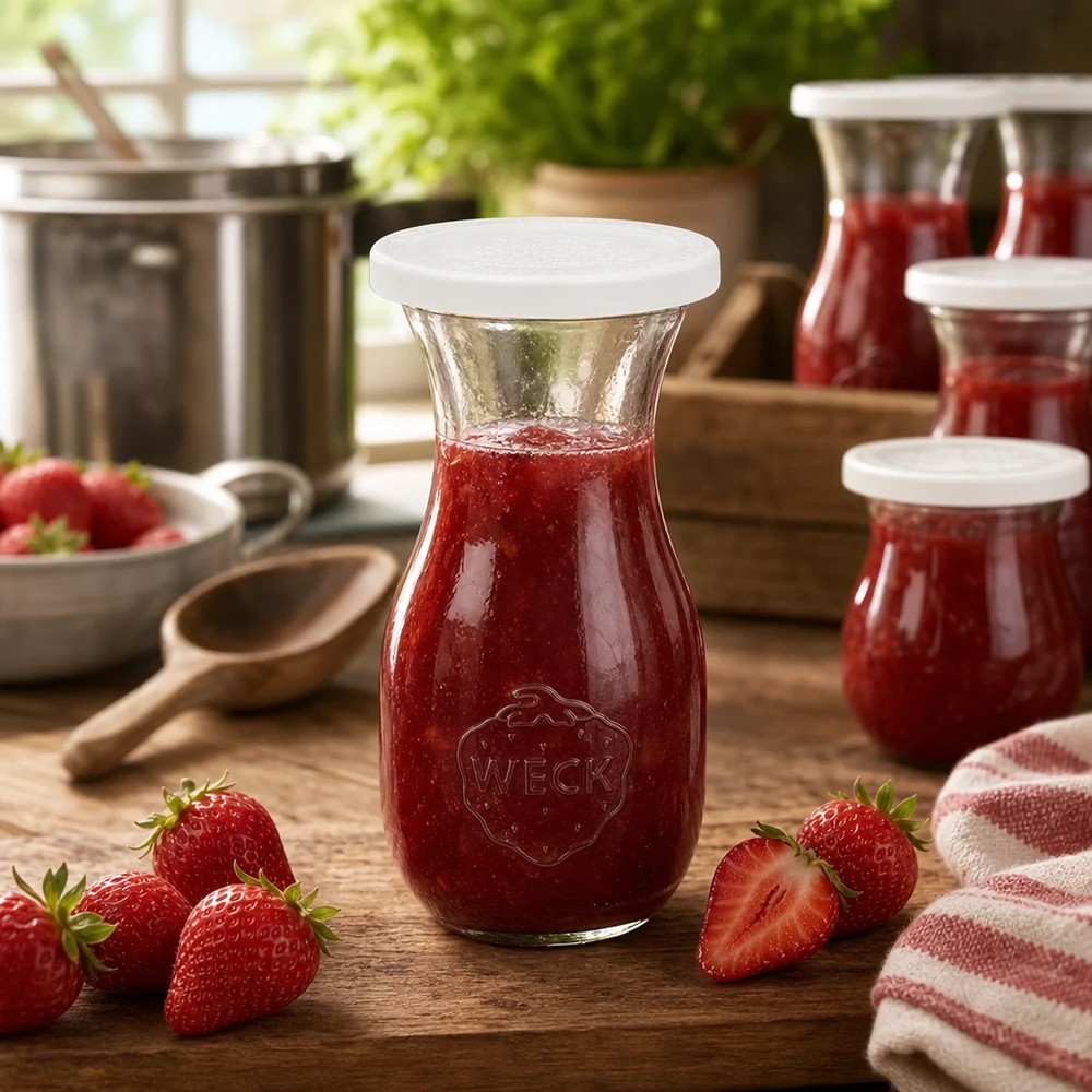 Bouteille à jus de 290 ml avec couvercle fraîcheur WECK RR60 WECK Bouteille de jus de 290 ml remplie de confiture de fraises rouges entourée de fraises fraîches sur une table en bois