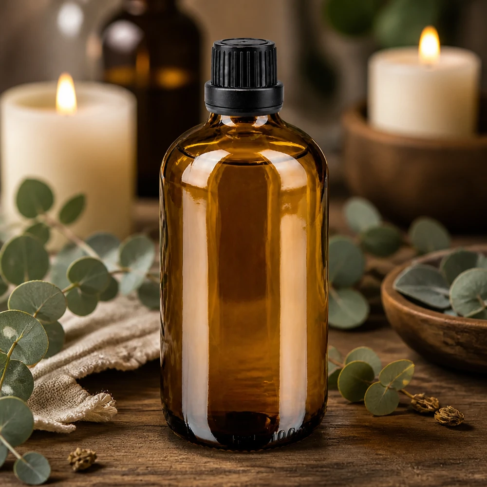 Flacon de pharmacie de 100 ml en verre ambré avec bouchon de 11 mm, posé sur une table en bois parfumée à l'eucalyptus