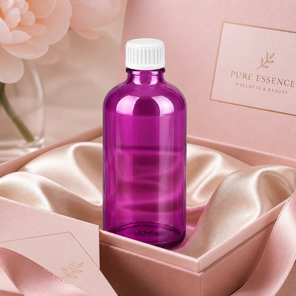 Flacon 100ml (globules) 3mm bague de coulée blanche standard PurpleLine. UT18/100 Bouteille en verre violet de 100 ml avec filetage standard pour l'emballage professionnel de produits cosmétiques