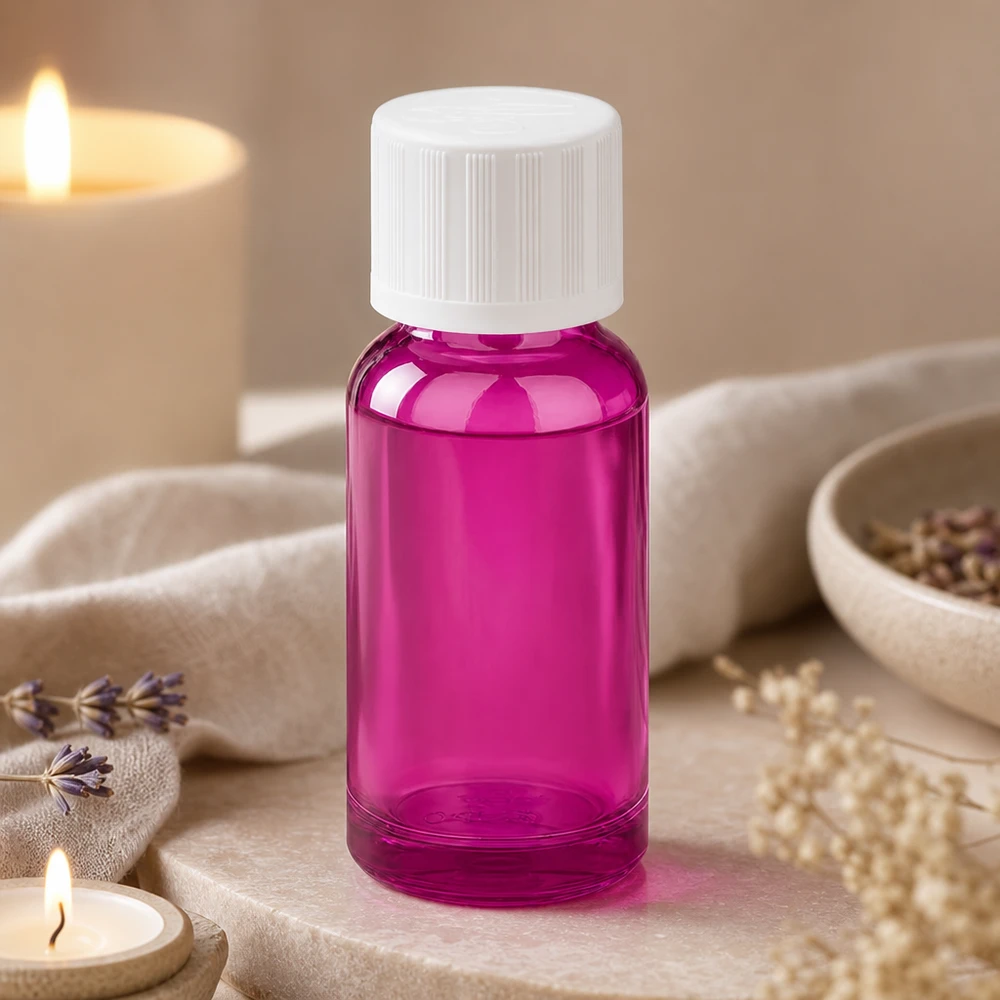 Flacon 20ml bouchon à vis 11mm blanc standard sécurité enfant PurpleLine UT18/20 Flacon de 20 ml au design stylisé Purple Line avec protection UV pour les produits sensibles à la lumière