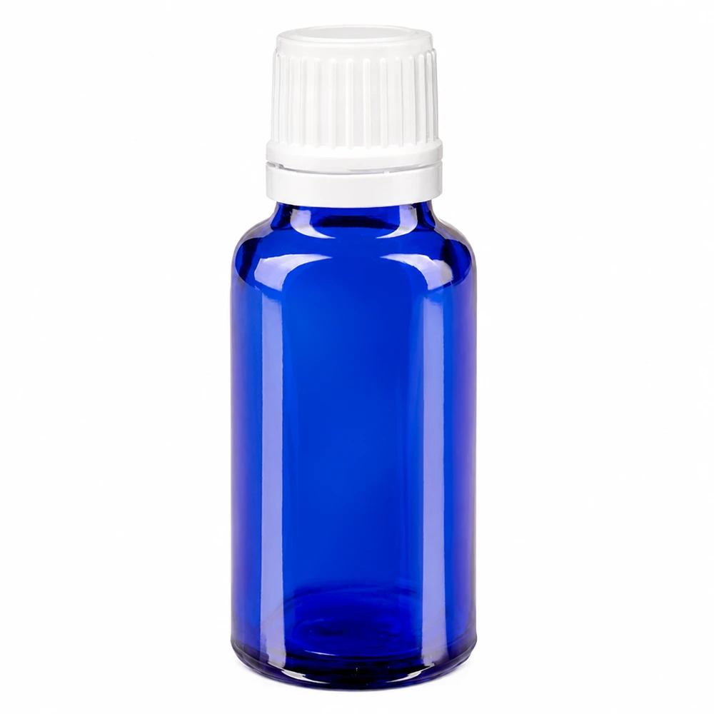 Flacon compte-gouttes bleu de 20 ml, emballage d'origine blanc, ApoGlas, protection UV, pour huiles essentielles et produits pharmaceutiques