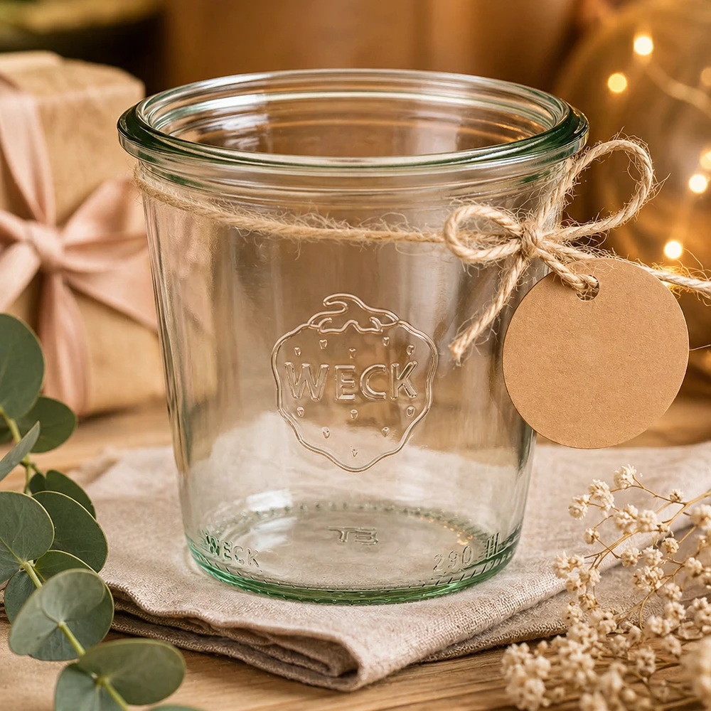 WECK Verre renversé 290ml RR80 haut avec couvercle et étiquette cadeau décorée sur une table en bois rustique