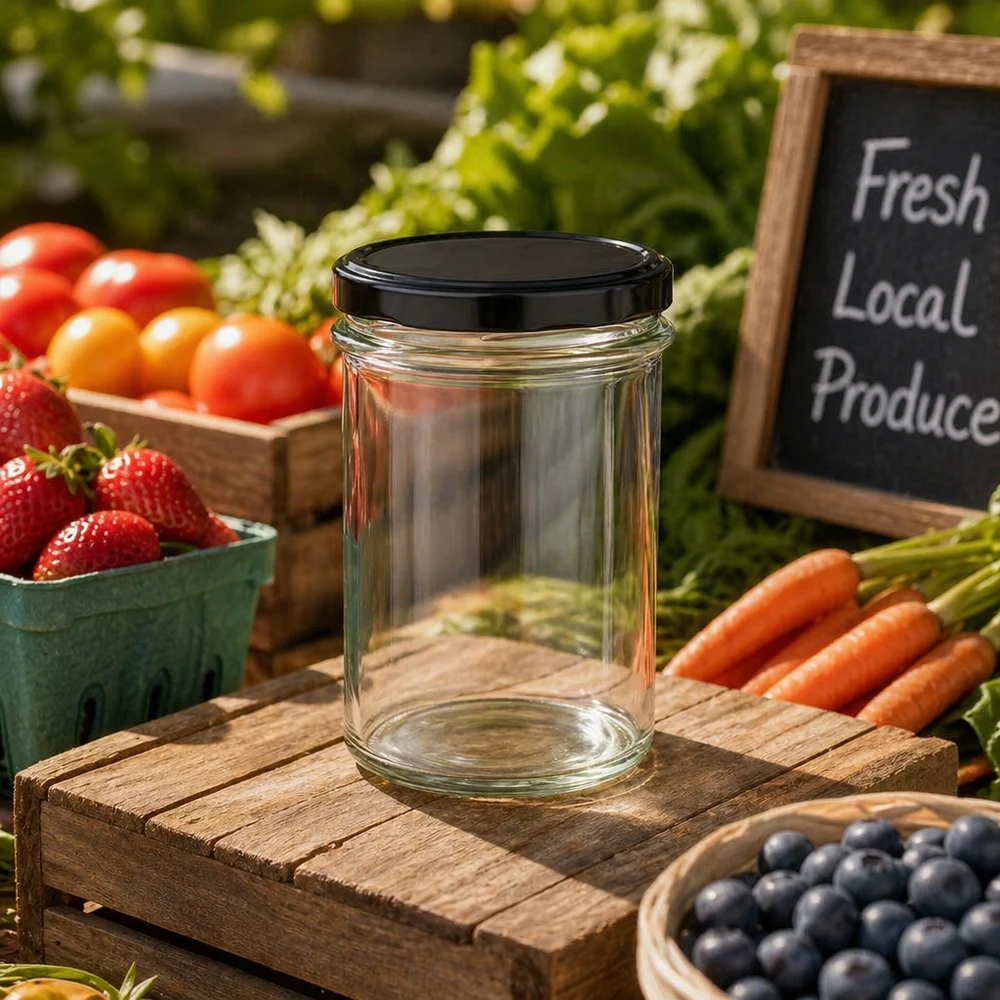 230ml Verre conique avec couvercle BasicSeal noir UNiTWIST Verre renversé de 230 ml avec couvercle noir BasicSeal entre des fruits frais et des légumes sur une table en bois Farmers Market Scene