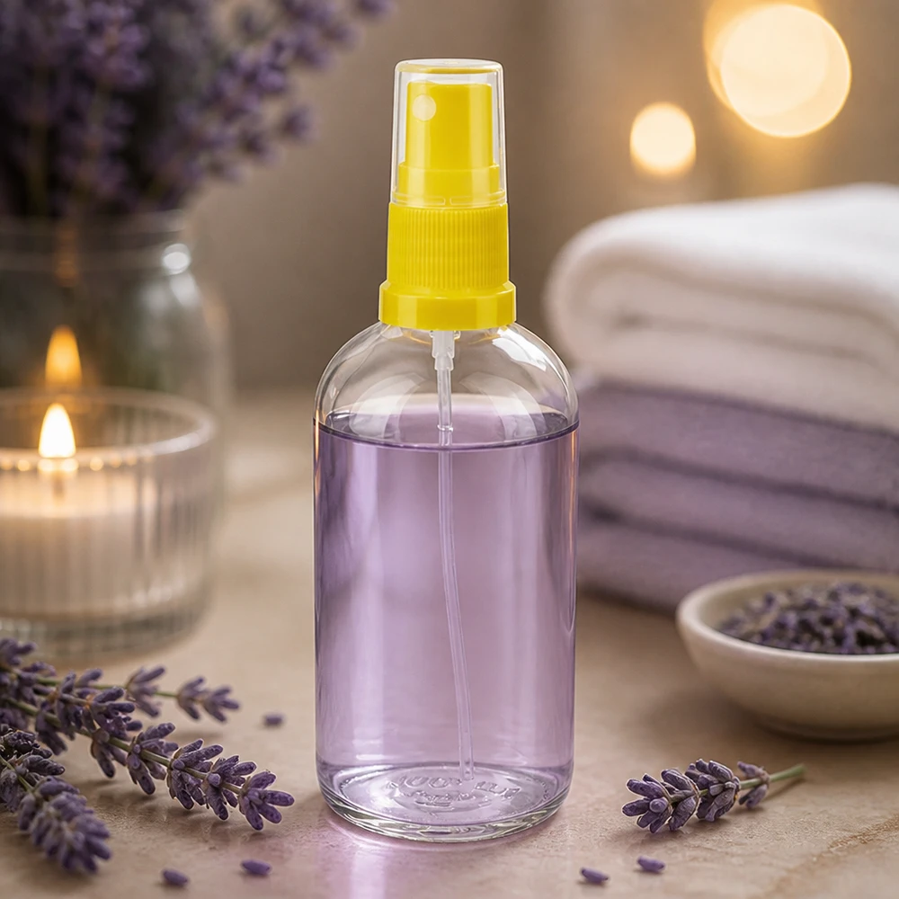 Flacon vaporisateur pour lavande, 100 ml, pommeau jaune, récipient transparent, bien-être, aromathérapie