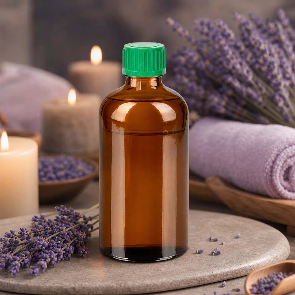 Flacon 100ml 11mm SV vert OV BrownLine UT18/100 Elégante bouteille en verre brun 100ml avec couvercle vert idéale pour le bien-être et le spa