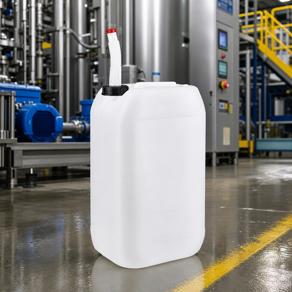 Bidon en PEHD de 15 L adapté au contact alimentaire, avec bec verseur flexible et bouchon à vis