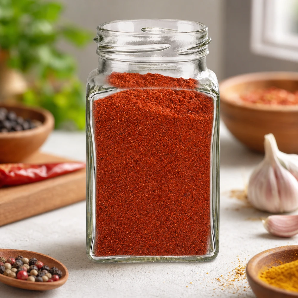 260ml Tetraglas sans couvercle (TO58) UNiTWIST UNiTWIST Tetra260 pot 4 coins 260ml rempli de poudre de paprika rouge dans la cuisine avec des épices et de l'ail
