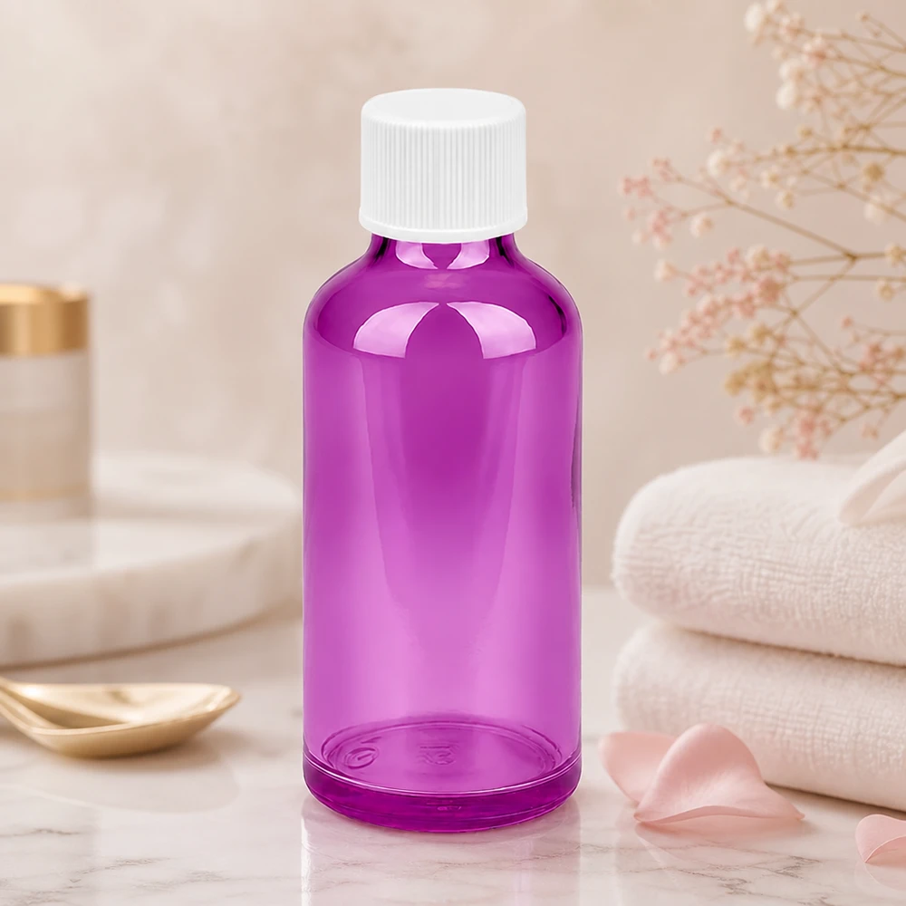 Flacon 50ml bouchon à vis 11mm blanc standard PurpleLine UT18/50 Flacon robuste en verre violet de 50 ml avec filetage UT18 pour un stockage sûr des substances sensibles à la lumière
