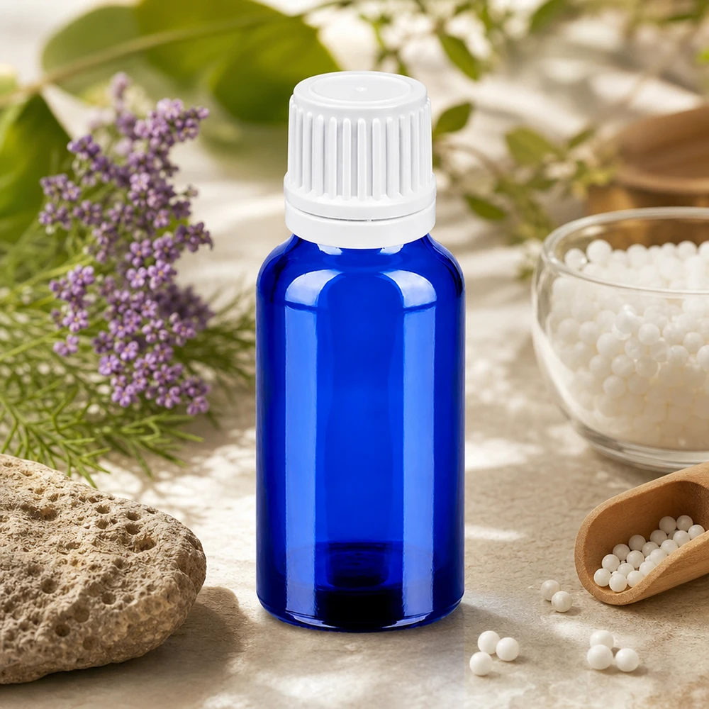 Flacon compte-goutte 20ml 0.7mm blanc OV BlueLine UT18/20 Bouteille en verre bleu de haute qualité de 20 ml avec bouchon à vis blanc pour les remèdes naturels