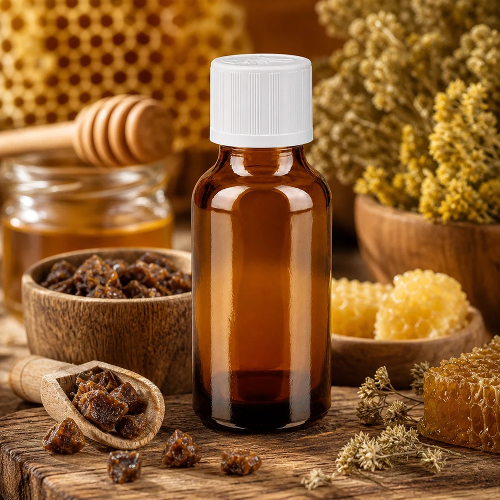 Flacon pharm. brun 20ml, bouchon vissable blanc, sécu. enfant std. Flacon de médicament marron de 20 ml avec bouchon à vis blanc, sur fond représentant des abeilles et des herbes naturelles