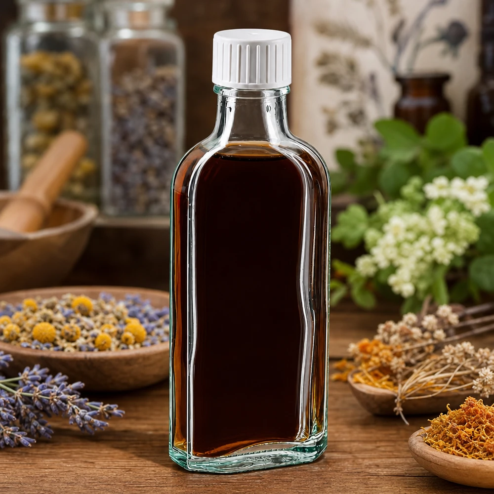Flasque transparente de 100 ml au goulot DIN 22, avec bouchon à vis DIN 22 blanc et bague anti-gouttes Flacon en verre plat de 100 ml, transparent, avec bouchon blanc, pour teintures à base de plantes et huiles