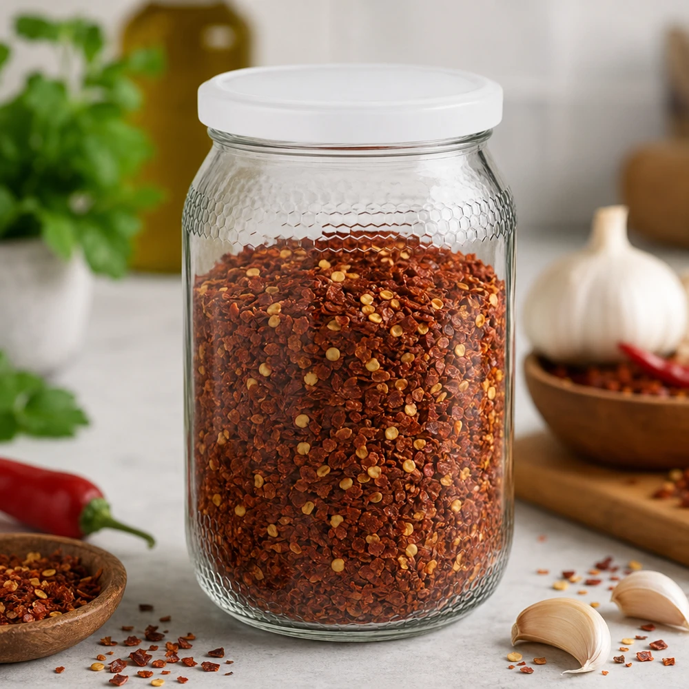Pot de miel 900ml rempli de flocons de piment montre une utilisation polyvalente pour les épices et les aliments BasicSeal couvercle