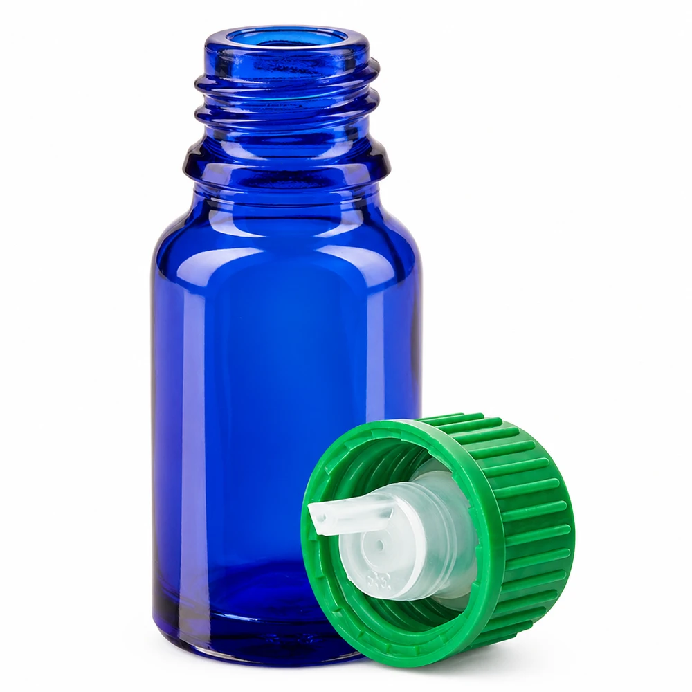 10ml Flacon compte-goutte 0.8mm vert STD BlueLine UT18/10 Flacon en verre bleu de 10 ml avec bouchon compte-gouttes vert pour produits homéopathiques
