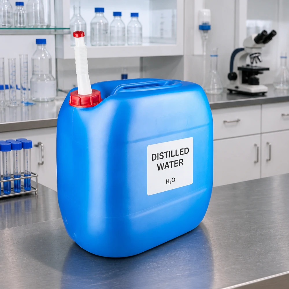Bidon 30 litres bleu avec tube de vidange Flex Bidon de laboratoire de 30 litres avec bec verseur flexible blanc et bouchon rouge, destiné à l'eau distillée