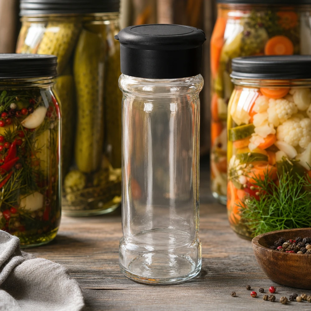Pot à sel/épices 100 ml avec saupoudreuse, noir Petite salière en verre transparent de 100 ml avec un couvercle en plastique noir mat, posée sur un socle en bois