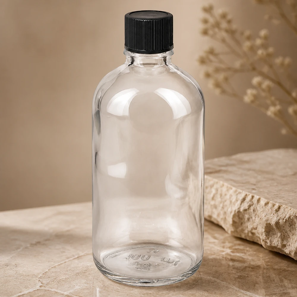 100ml compte-gouttes. 1mm noir STD ClearLine UT18/100 Flacon de pharmacie transparent de 100 ml avec bouchon à vis noir, posé sur une pierre marbrée claire